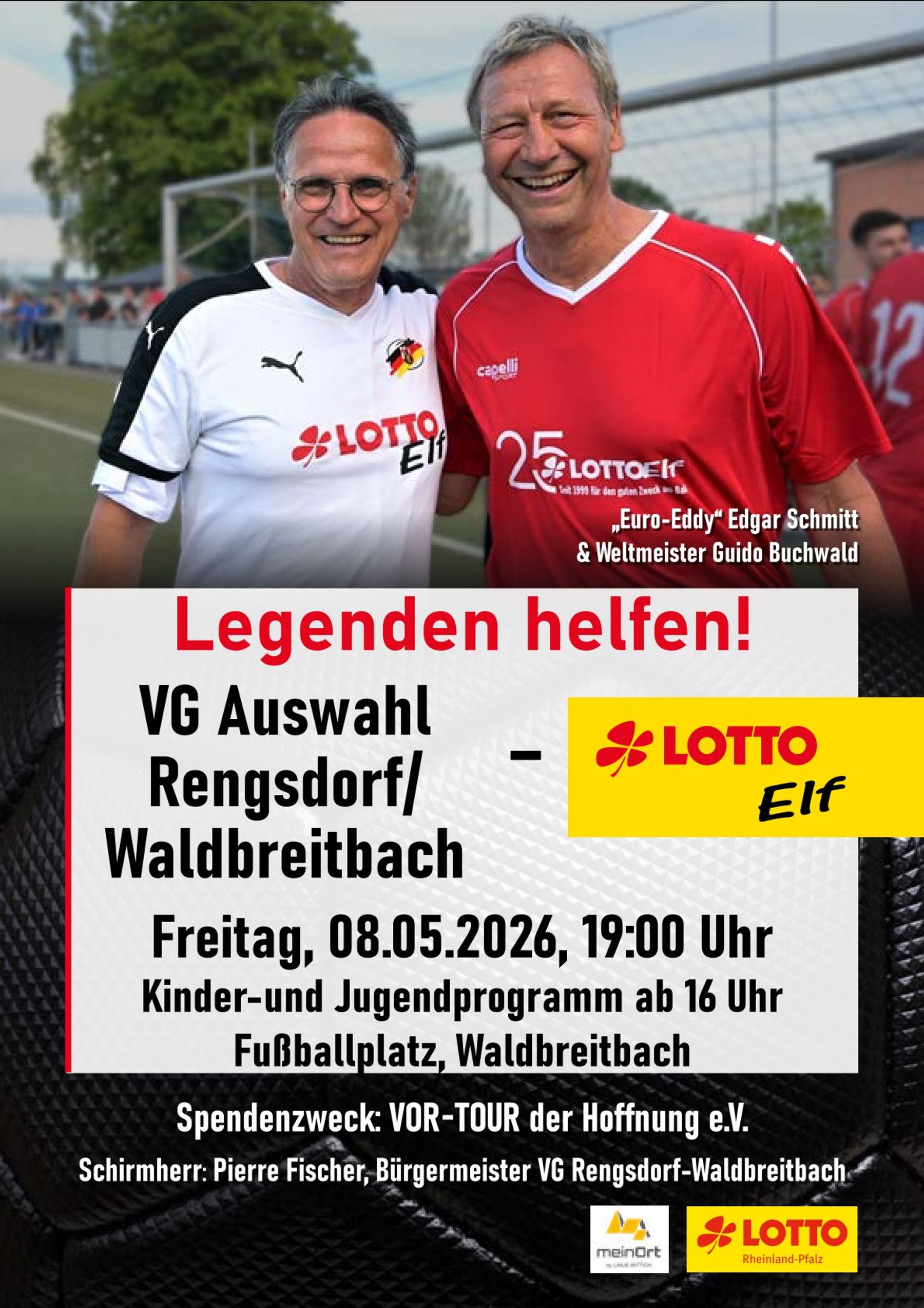 Two men in red and white soccer jerseys smile for the camera on a soccer field. Event text promotes a charity soccer match on May 8, 2026, at 19:00 in Waldbreitbach, Germany.
